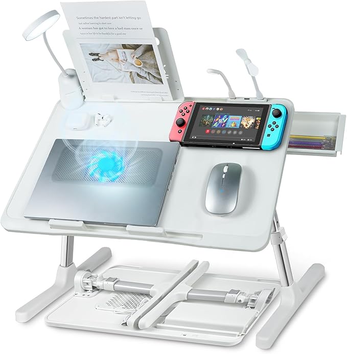 Laptop Lap Desk with Cooling Fan - Adjustable with Light, USB, Storage Drawer - Folding Bed Desk,22.04"*12.59",White