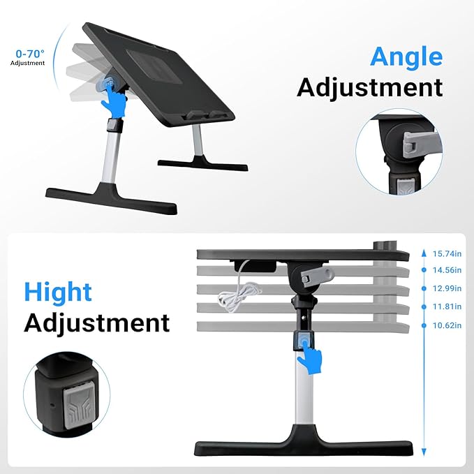 iXTRA Laptop Lap Desk Include Cooling Fan,Adjustable Lap Desk with Light Fan,Folding Laptop Desk for Bed with USB,Bed Desk with Storage Drawer 60 * 40cm,Black