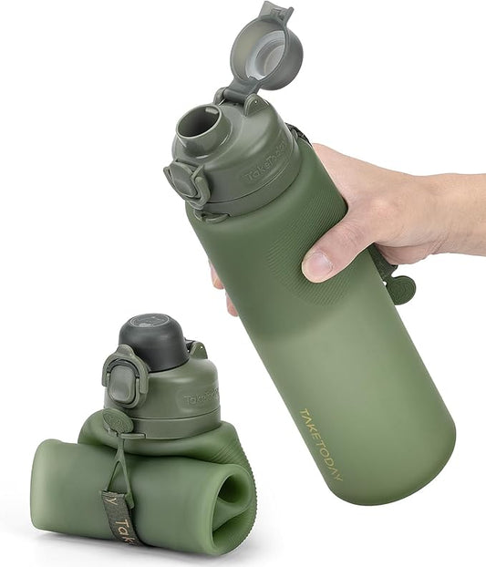 TakeToday Collapsible Water Bottles 32oz, Foldable Travel Water Bottle, BPA Free, Silicone Water Bottle Leakproof for Hiking, International Travel, Outdoors
