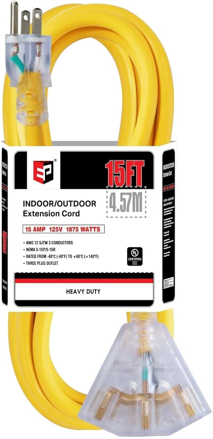 EP 15 Ft 12 Gauge Heavy Duty Extension Cord, 15A 125V 1875W, 3 Outlet Indoor/Outdoor Power Cord with Lighted End, 12/3 SJTW Weatherproof Yellow, UL Listed
