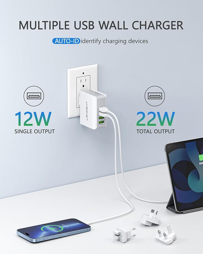 LENCENT Multiple USB Wall Charger, [22W/4.4A] 4 Port USB Travel Power Adapter, All in One Worldwide Cell Phone Charger With UK US EU European Australia, International Block Cube Plug for iPhone & IPad