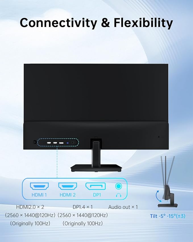 KTC 27 Inch Computer Monitor - QHD (2560 x 1440) Display, Up to 120Hz Monitor, IPS Panel, 123% sRGB, HDMI 2.0 x 2 & DP 1.4 x1, Adaptive Sync, Eye-Friendly Screen PC Monitors for Work Gaming, H27D9