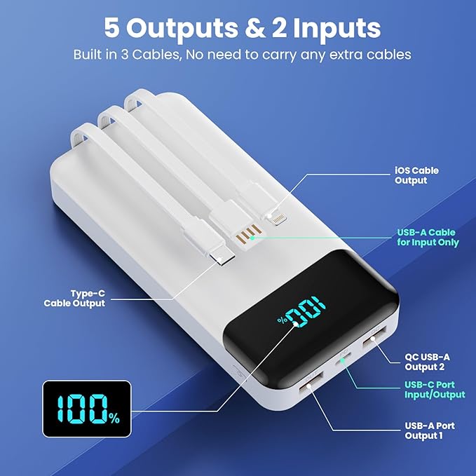 Portable Charger 40800mAh with 3 Built-in Cables,PD 25W USB C in&Out Power Bank Fast Phone Charging,QC4.0 LED Display 5 Outputs External Battery Pack Compatible with iPhone 17/16,Samsung Android-White