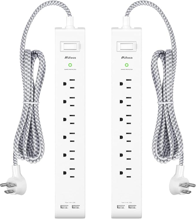 2 Pack Power Strip - 15FT Long Extension Cord, Surge Protector with 6 Outlets and 2 USB Charging Ports, Flat Plug Overload Protection, (1625W/13A/900J), Wall Mount for Home Office and Dorm, ETL Listed