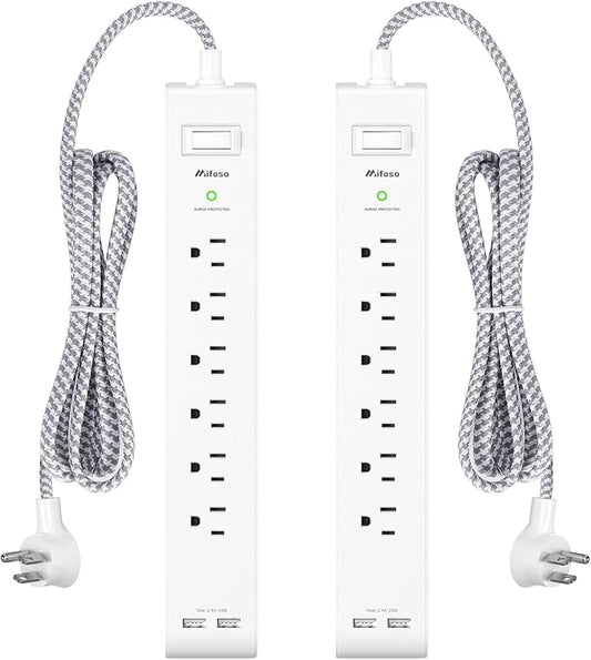 2 Pack Power Strip - 15FT Long Extension Cord, Surge Protector with 6 Outlets and 2 USB Charging Ports, Flat Plug Overload Protection, (1625W/13A/900J), Wall Mount for Home Office and Dorm, ETL Listed