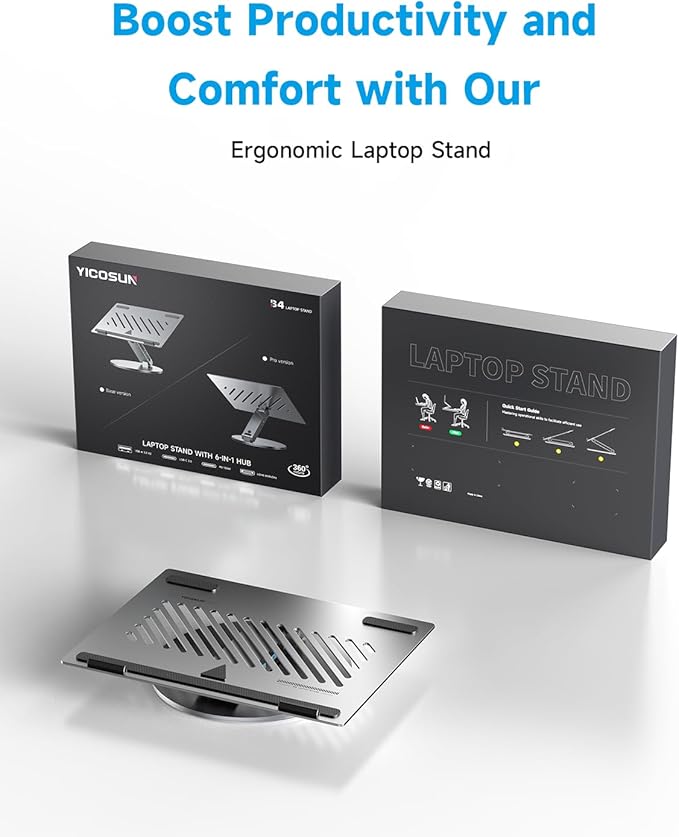 Adjustable Laptop Stand for Desk, 360° Rotating Aluminum Computer Stand with Cooling Vents, Ergonomic & Foldable Notebook Riser, Compatible with MacBook Pro Air, Dell XPS, HP 10-16″ - Gray