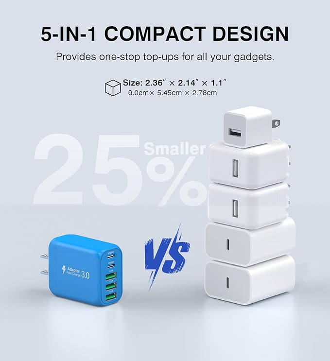 2-Pack USB C Wall Charger Block,50W 5-Port C Charger Fast Charging Block PD Power Adapter +QC 3.0 Multiport Type C Box Charger Cube USB A Wall Plug for iPhone 14/15/16/17 Pro Max,Samsung Galax