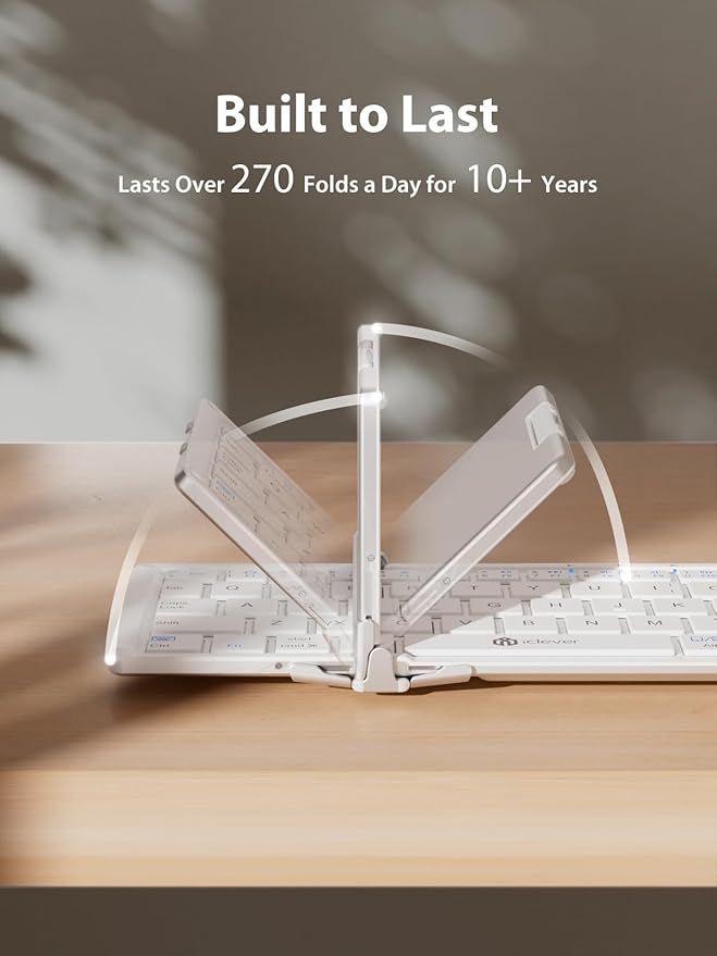 iClever Bluetooth Keyboard with Touchpad, Foldable Keyboard, Metal Body, Gesture Support, USB-C Charge, Pocket-Size Wireless for Travel, iPad, iPhone, Android, Windows, Silver White
