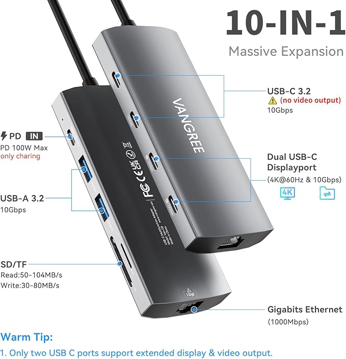 USB C Hub with Dual 4K@60Hz Displayports, 2 USB-A & 2 USBC 3.2 10Gbps Ports, 1Gbps Ethernet, 100W PD, SD/TF, USB C Splitter Docking Station for MacBook Pro/Air, iMac, iPad Pro, XPS, Thinkpad, Surface