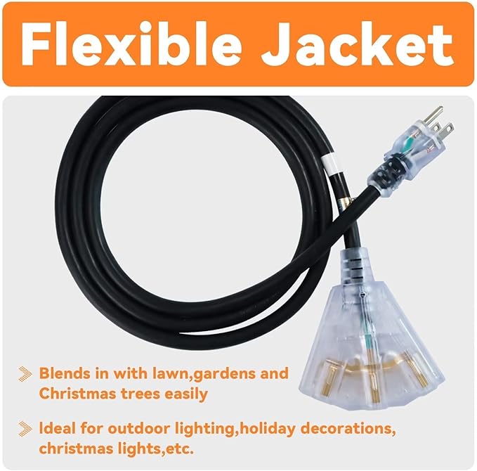 EP 15 Ft 12 Gauge Heavy Duty Extension Cord, 15A 125V 1875W, 3 Outlet Indoor/Outdoor Power Cord with Lighted End, 12/3 SJTW Weatherproof Black, UL Listed