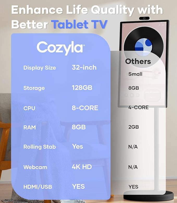 Cozyla Mate 32 Inch Mobile Portable TV Stand on Wheels Support Google Store Full Swivel Rotation Portable Touch Screen Monitor Built-in Battery Smart Rolling Tablet TV 4K Camera Remote Control Black