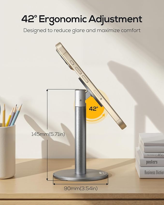 Nulaxy Magnetic Full Aluminum Cell Phone Stand with Metal Ring, 360 Rotating Phone Stand for Desk, Office Accessories Adjustable Phone Holder Compatible with All Phones MagSafe Case, Gray