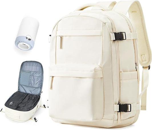 Vacuum Travel Backpack with Pump for Women,Personal Item Carry on Backpacks Flight Approved 18x14x8 inches for Men,Laptop Waterproof Work Compression bags Casual Daypack. Beige.