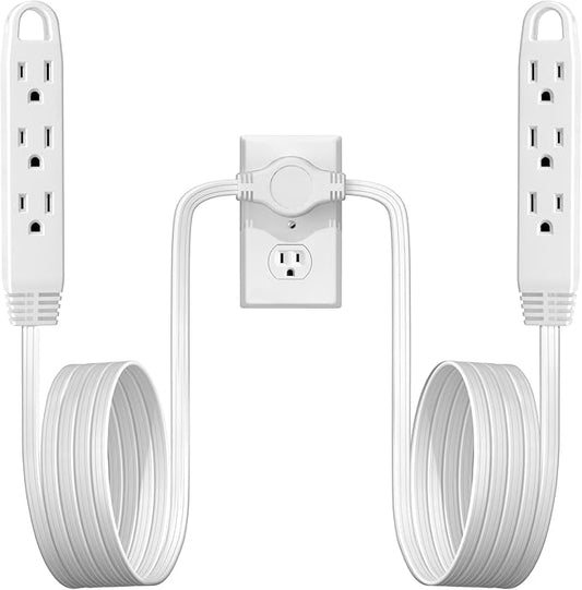 3-Prong Twin Extension Cord 16FT Double Cord 8 FT Each Side Slim Flat Head Extension Cord Total 6 Outlets