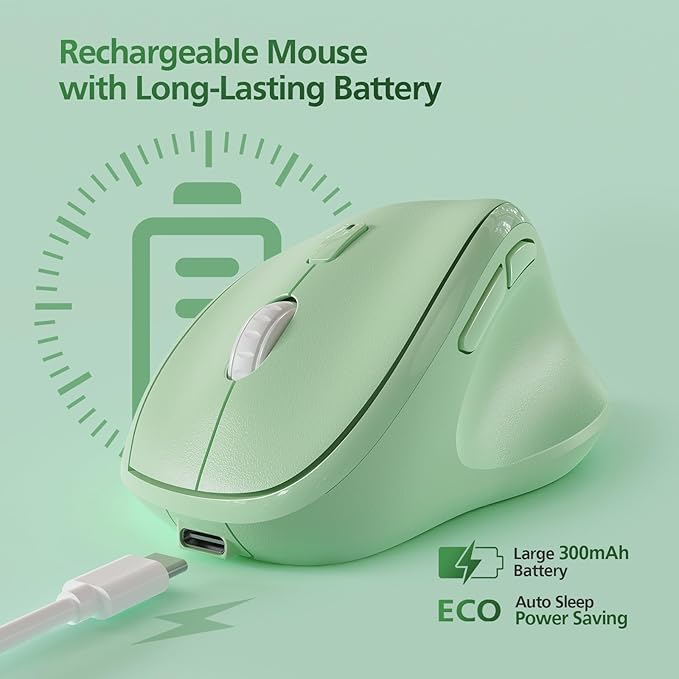 Micropack Ergonomic Vertical Wireless Bluetooth Mouse for Laptop MacBook PC Rechargeable Silent Click 3-Mode Multi-Device 2.4G Adjustable DPI Compatible with Windows Android iOS MacOS Green