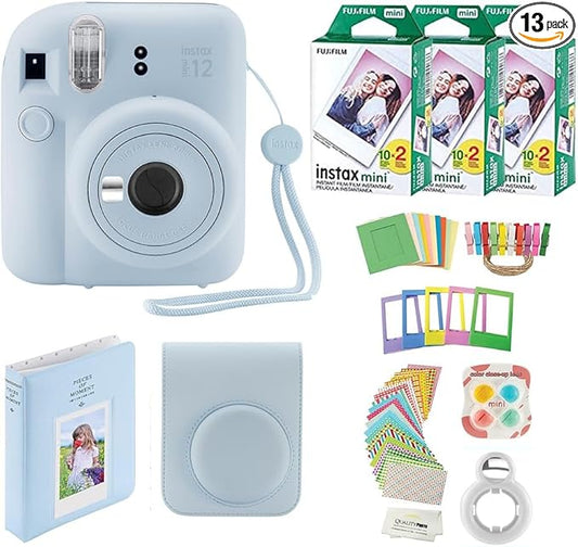 Fujifilm Instax Mini 12 Instant Camera + 60 Photo Prints + Quality Photo Value Bundle, Case, Decoration Stickers, Frames, Photo Album, (Pastel Blue)