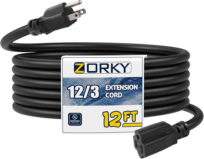 12ft Indoor Outdoor Extension Cord - 12/3 SJTW Heavy Duty Extension Cable with 3 Prong Grounded Plug for Safety -15Amp 1875W Black Electric Cord Great for Garden, Appliances