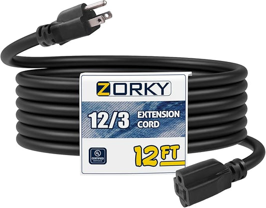 12ft Indoor Outdoor Extension Cord - 12/3 SJTW Heavy Duty Extension Cable with 3 Prong Grounded Plug for Safety -15Amp 1875W Black Electric Cord Great for Garden, Appliances