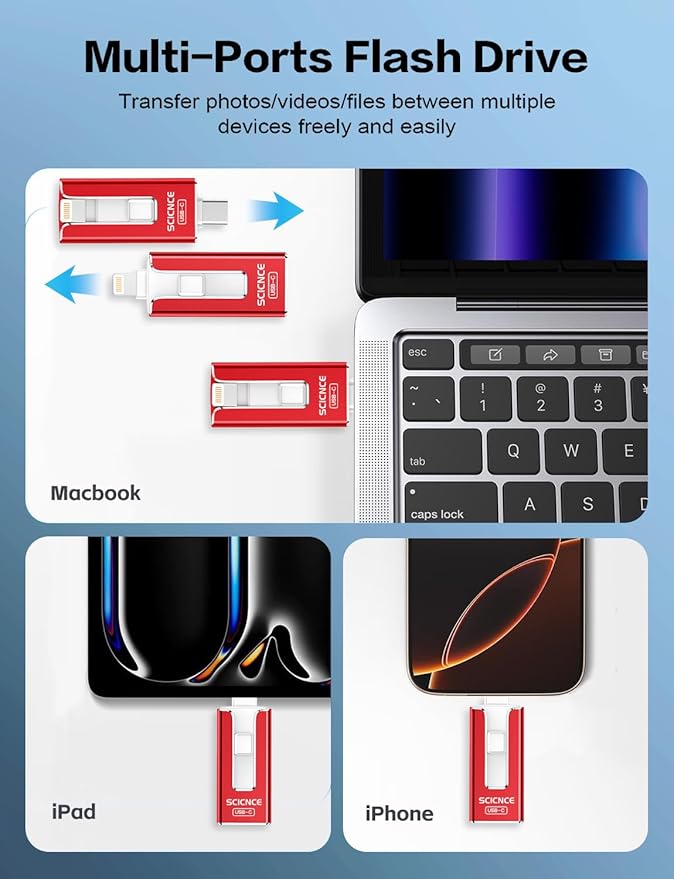 SCICNCE 512GB Flash Drive Intended for iPhone, USB Memory Stick Storage Backup for Photos Videos, Plug and Play No APP Required, Compatible with iPhone iPad Android and Computers (Red)