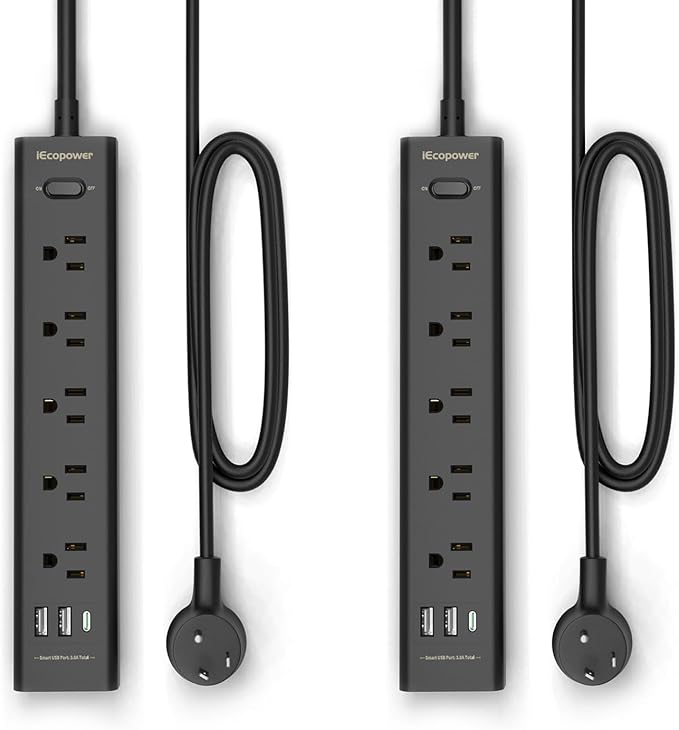 10FT Long Surge Protector Power Strip-with 5 Widely Outlets and 3 USB Ports(1 USB C Port),10 Foot Extension Cord(1250W/10A),Wall Mount for Home Office,700 J,Black(2 Pack)