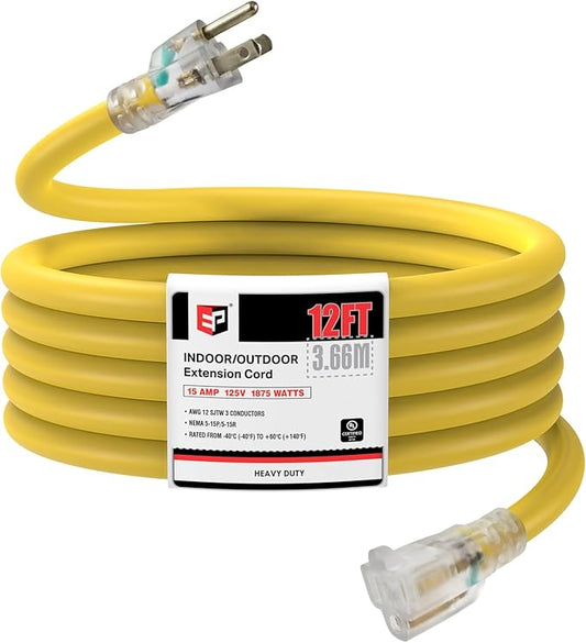 EP 12 Ft Lighted Extension Cord - 12/3 SJTW Heavy Duty Yellow Extension Cable with 3 Prong Grounded Plug - Power Cord for Lawn, Garden, Appliances