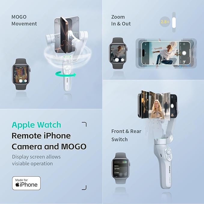COMITOK Only for iPhone, MOGO [Apple MFi Certified] Gimbal Stabilizer for iPhone Stabilizer for Video Recording, Native Camera Control by Remote & Apple Watch, Background Mode Tracking in iOS26