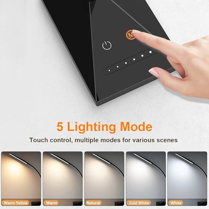 Vansuny LED Desk Lamp with USB Charging Port, Eye-Caring, 5 Color Modes,6 Brightness Levels, Touch Control, Flexible Gooseneck, Memory Function for Dorm Office Work Bedroom (12W,Black)