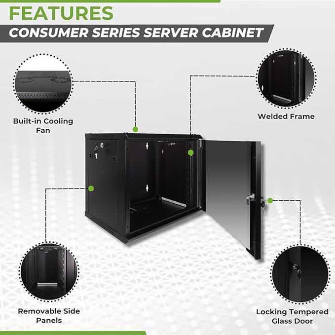 NavePoint 9U Server Rack Enclosure with Glass Door, Cooling Fan, Locks, & Removable Side Panels - 9U Wall Mount Network Cabinet 19 Inch Rack 17.7 Inches Deep
