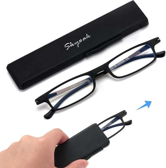 Ultra thin Lightweight Folding Reading Glasses Women Men TR90 Blue Light Blocking Anti UV/Eyestrain Foldable Compact Computer Readers Portable Unique Stretchable Slim Flat case Black +1.75