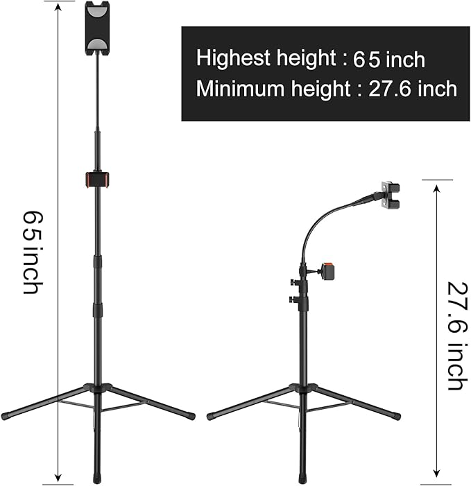 Tripod Stand for Ipad,Gooseneck 65-inch Floor Stand for Tablet,Floor Stand for iPad Tripod with 360° Rotating Mount for Mini, Air, Pro and All 4.7-11.9 Inch Tablet and Phone