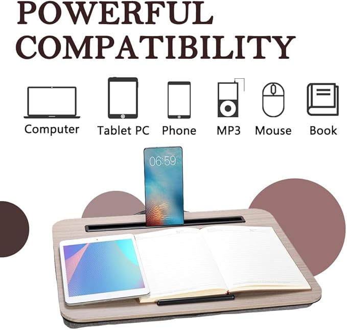 Lap Desk, Portable Laptop Desk Fits Up to 16“ Laptops, with Tablet Slot, Built-in Cushion, Great for Home & Office,Lap Desk with Cushion (Black Wood, Medium)