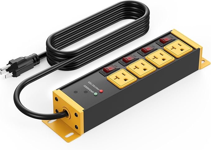 CCCEI Heavy Duty Surge Protector Power Strip 20 Amp Individual Switches. 10FT 12 Gauge Extension Cord with Multiple Outlets. Kitchen, Garage, Shop, Industrial Wall Mount Electric Extender, Yellow.