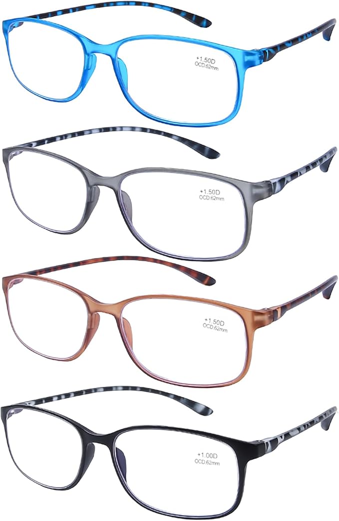 AQWANO 4-Pack Reading Glasses Mens Women 2.0 Computer Blue Light Blocking, Lightweight TR90 Flexible Frame Anti Glare Eye Strain Readers Eyeglasses, No Rubber Arms