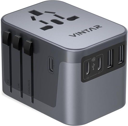 Universal Travel Adapter, VINTAR International Power Adapter with 6A 3 USB C and 2 USB Ports, All in One Travel Essentials Plug Adapter, Worldwide Outlet Converter for Europe UK USA AUS(Type C/G/A/I)