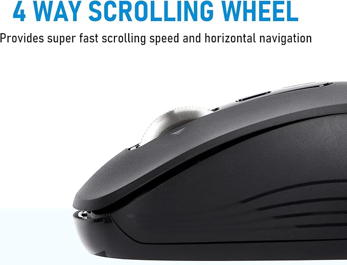Wireless Mouse with 2 Bluetooth and 1 USB, 4-Way Scrolling, Full Size Mouse, Silent, Long Battery Life, Adjustable Cursor Speed, for Computer, Laptop, Tablets, iPad, Desktop, MacBook (No Side buttons)