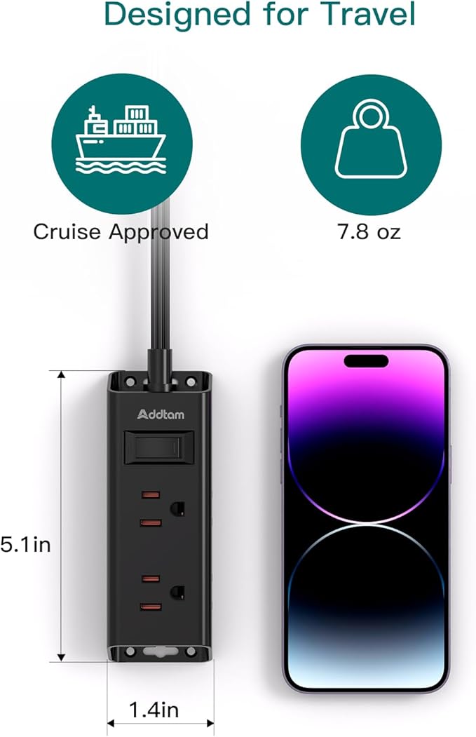 Cruise Essentials - Flat Plug Power Strip, Addtam 5 ft Ultra Flat Extension Cord with 6 Outlets Extender, No Surge Protector for Cruise Ship, Travel, Dorm, Home Office,Black