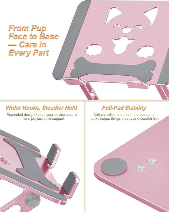 Laptop Stand for Desk – Adjustable Portable Laptop Riser, Aluminum Laptop Holder Compatible with MacBook Air Pro, Dell, HP, Lenovo (10"-17.3"), Featuring Unique Puppy Panel Design, Rose Gold