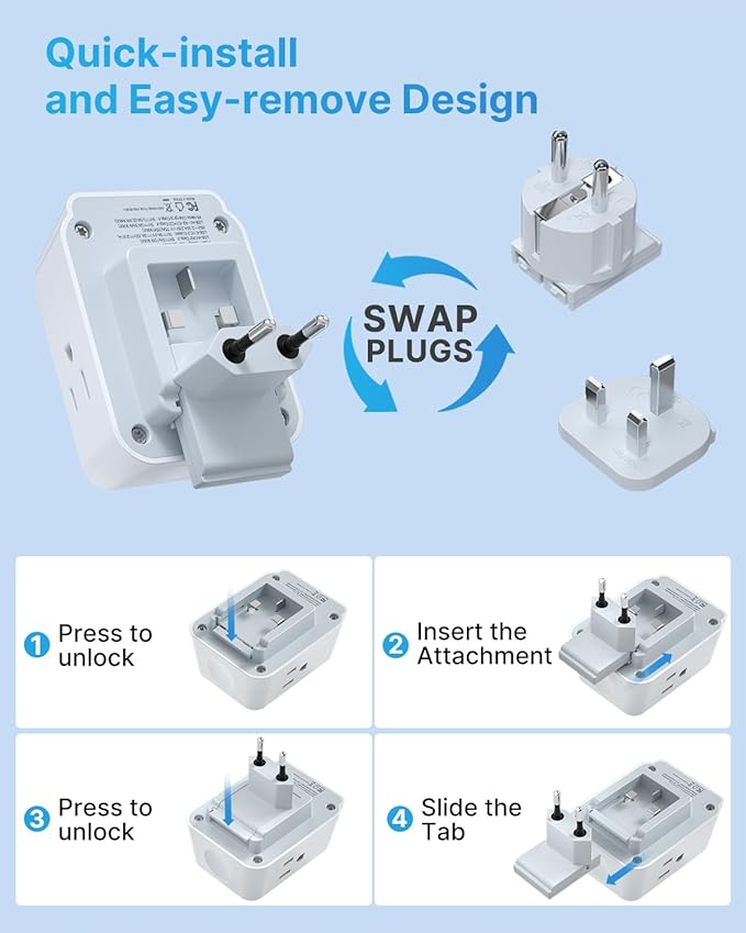 European Travel Plug Adapter for Apple Watch Charger, VINTAR International Power Adapter with 3 AC Outlets 4 USB Ports (2 USB C), Type C/G/E/F Detachable Plugs, US to Europe UK France Italy Spain