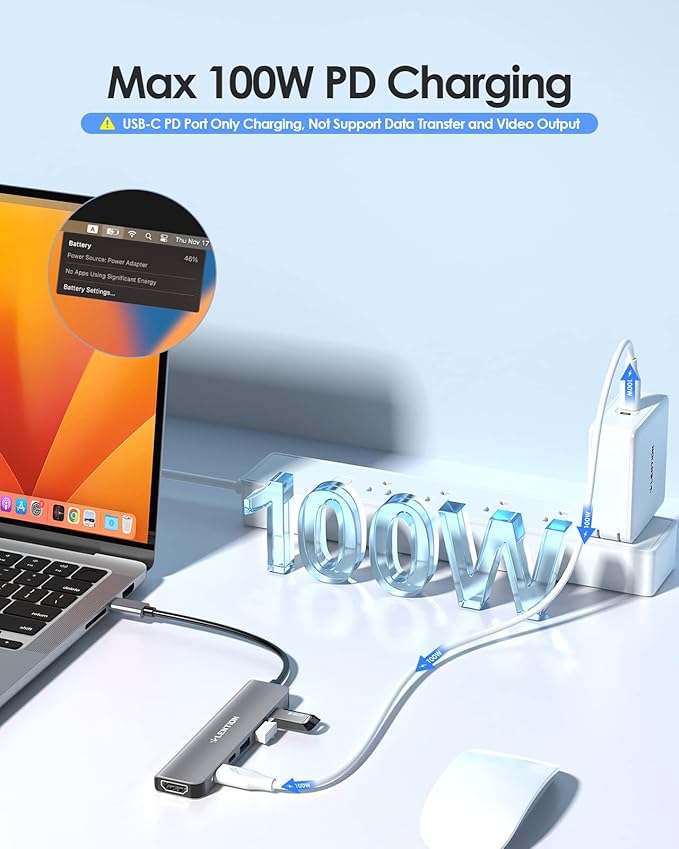 LENTION USB C Hub, Multiport with 4K HDMI Port, 3xUSB-A Ports, USB-C Data Port, 100W PD Port, Compatible New MacBook Pro/Air, iPhone 15 Pro/Pro Max, Surface, Chromebook, More(CE35s, Gray)