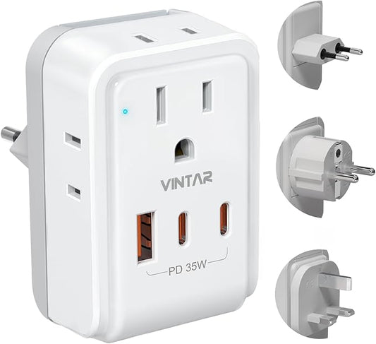 European Travel Plug Adapter Kit, VINTAR PD 35W International Power Adapter with 3 USB Ports (2 USB C) and 4 AC Outlets, Type C,G,E/F Detachable Attachments, Adapters for Europe and UK France Italy