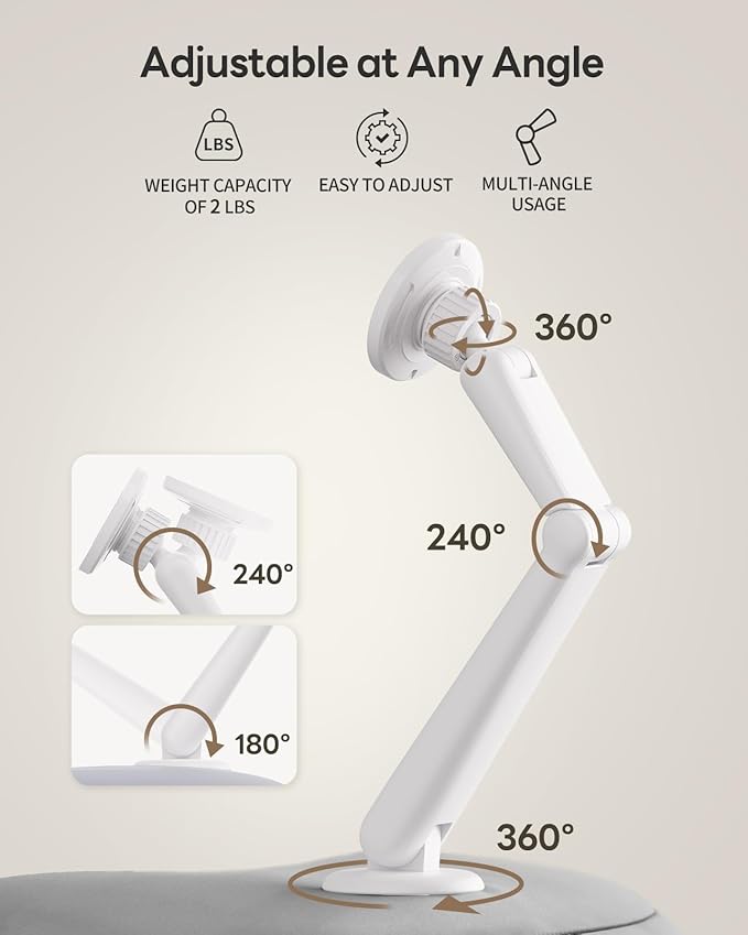 SAIJI Kindle Pillow Stand - Magnetic iPad Stand Compatible with Kindle, Tablet, iPad, iPhone, 360° Tablet Holder for Bed with Ergonomic Pillow and Dual-Jointed Arm, 2 Free Magnetic Sheets (Gray)