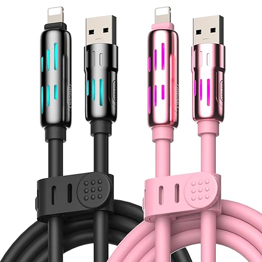 MFish 240W 4-in-1 Universal USB Charging Cable [2 Pack, 6.6ft] – Fast Charger Cord with USB-A, Dual USB-C & Lighting, for iPhone 14/15/16/17 Series, iPad & MacBook & More (2PACK, Black+Pink, 6.6Ft)