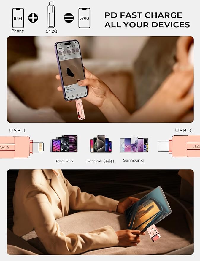 SCICNCE 512GB Flash Drive Intended for iPhone iPad, Memory Stick Storage for Photos and Videos Backup, Compatible with iPhone iPad Android PC, Plug and Play, No Application Required (Rose Gold)