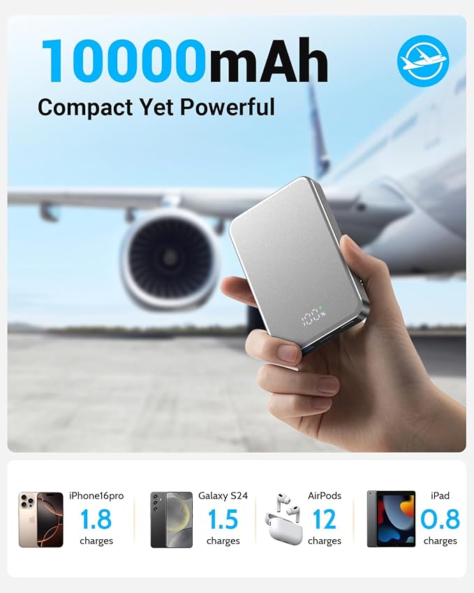 for Magsafe Portable Charger, Aluminum Alloy Small 10000mAh 20W PD Magnetic Power Bank, USB-C in&Out Wireless Battery Pack Phone Charger for iPhone 16/15/14/13/12 Plus Pro Max Series -Silvery