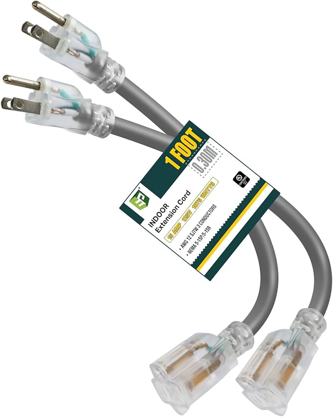 EP 1 Ft Lighted Extension Cord - 12/3 SJTW Heavy Duty Grey Extension Cable with 3 Prong Grounded Plug - Power Cord for Lawn, Garden, Appliances,2PACK