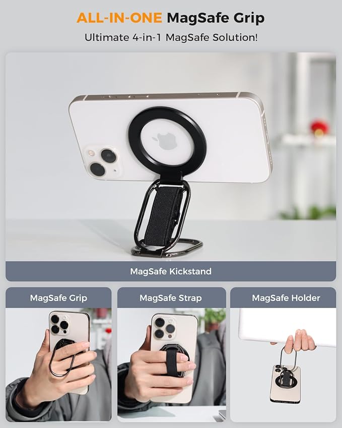 SUPERONE for MagSafe Phone Grip for MagSafe Kickstand Compatible with Mag Safe Finger Loop, 4-in-1 Phone Ring Holder Strap for Mag Safe iPhone 17/16/15/14/13/12 Series, Black [2025 Version]