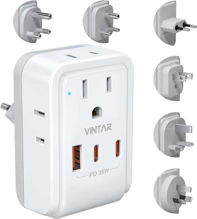 Universal Travel Adapter Kit, VINTAR PD 35W International Power Adapter with 3 USB Ports (2 USB C) and 4 AC Outlets, Type A,C,G,D,I,M Detachable Attachments, Adapter for US/EU/UK/India/AUS/Africa