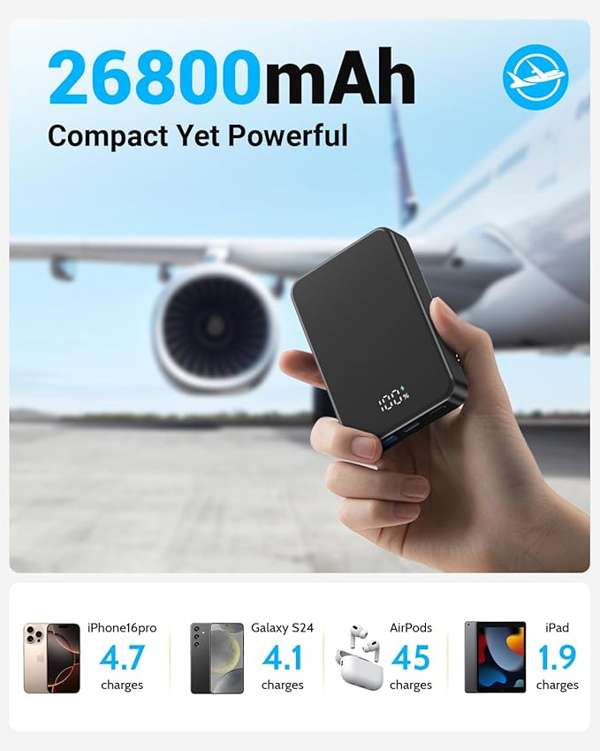 Magnetic Power Bank 26800mAh for Magsafe Portable Charger, Aluminum alloy casing Large Capacity 20W USB-C in&Out Wireless Fast Charging Battery Pack for iPhone16 Plus Pro Max/15/14/13/12 Series, Black