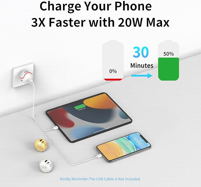 20W Dual Port Creative Golf Ball Charger Block， GaN III Power Adapter Fast Wall Charger with UL Certified, Fast Charging for iPhone 16/16 Pro/16 Pro Max/16 Plus/15/14/13/12, Galaxy, iPad, Airpods