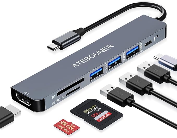 MacBook Adapter Multiport USB c hub multiport Adapter MacBook USB Adapter USB hub USB c 7 in 1 usbc dongle with 4K HDMI 100W PD USB 3.0 hub with sd Card Reader usbc hub USB Adapter for MacBook Air